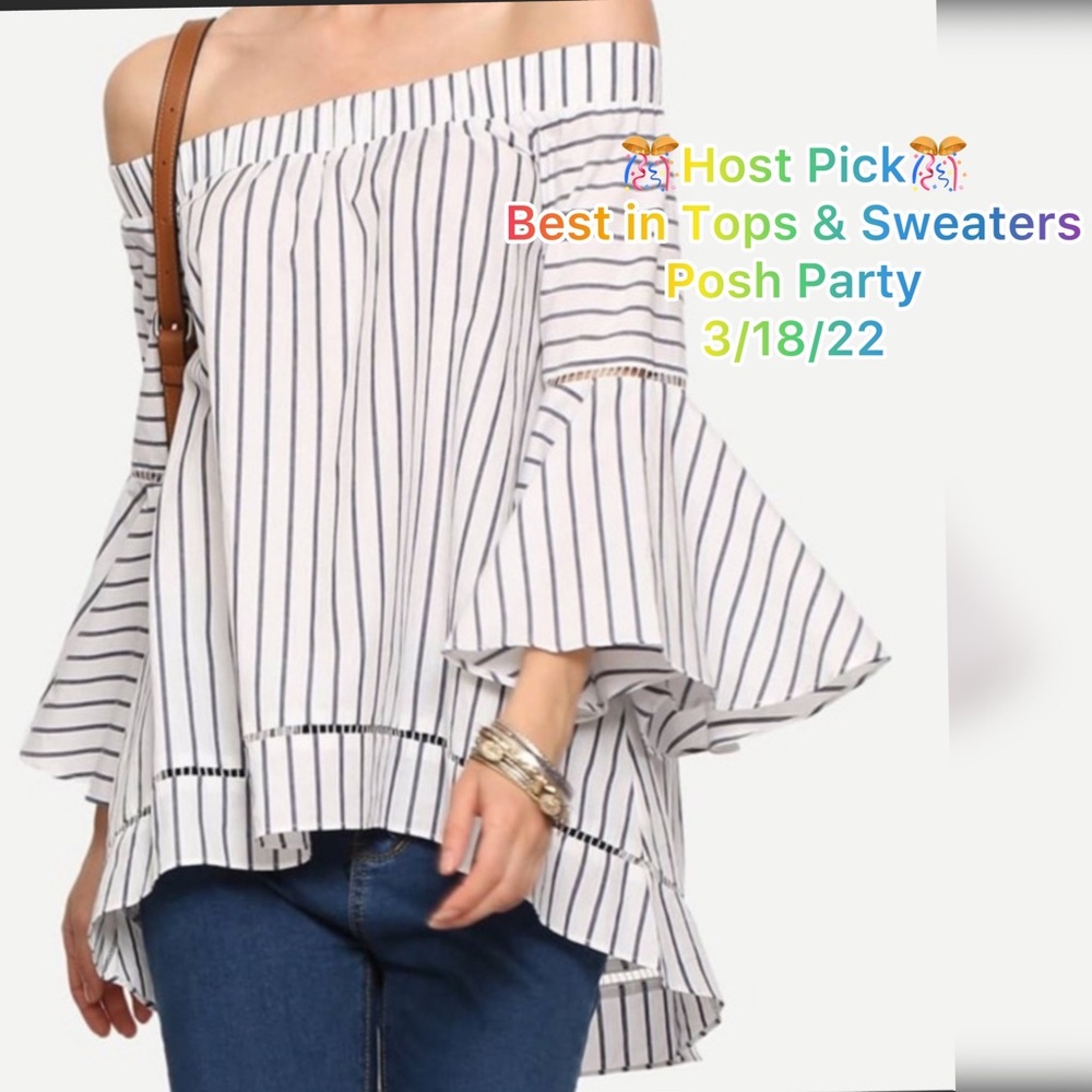 4 for $25 White Off The Shoulder Striped Bell Sleeve Blouse